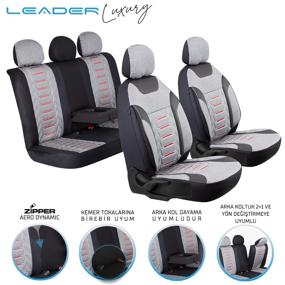 Leader Edition Nakış Keten Oto Koltuk Kılıfı Fermuarlı Lüks Füme