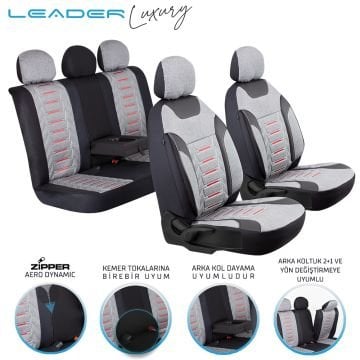 Leader Edition Nakış Keten Oto Koltuk Kılıfı Fermuarlı Lüks Füme