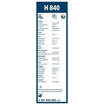 Citroen C3 Bosch Arka Silecek 29cm 2017-2022 Rear H840