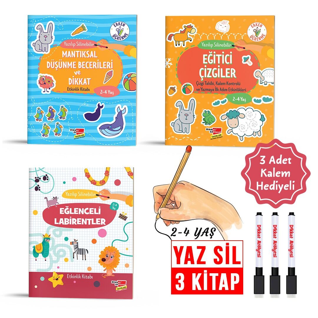 2-4 Yaş Yaz-Sil Etkinlik Kitabı Seti (Eğlenceli Labirentler, Mantıksal Düşünme Becerileri ve Dikkat, Eğitici Çizgiler)