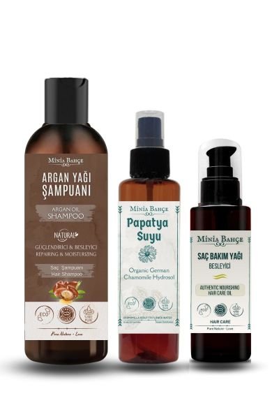 Argan Yağlı Şampuan 400ml, Papatya Suyu 150ml, Besleyici Saç Bakım Yağı 100ml