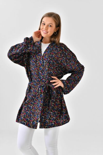 Minimal Çiçekli Viskon Kimono - Siyah