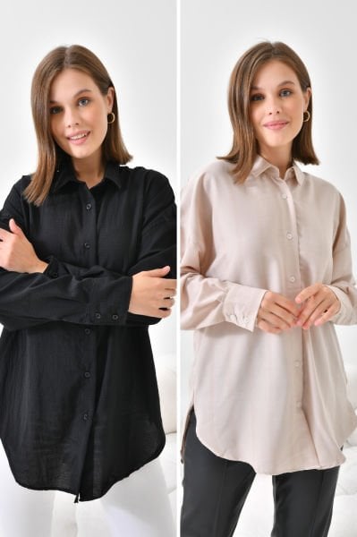 2'li Paket Basic Oversize Gömlek - Siyah / Kum Beji