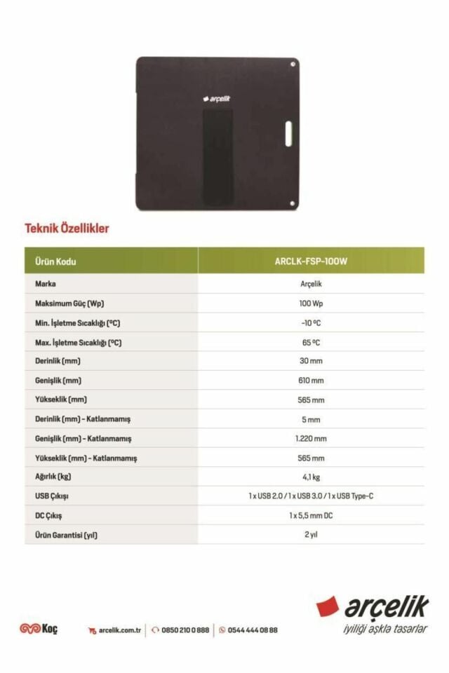 Arçelik ARCLK-FSP-100W Taşınabilir Güneş Paneli