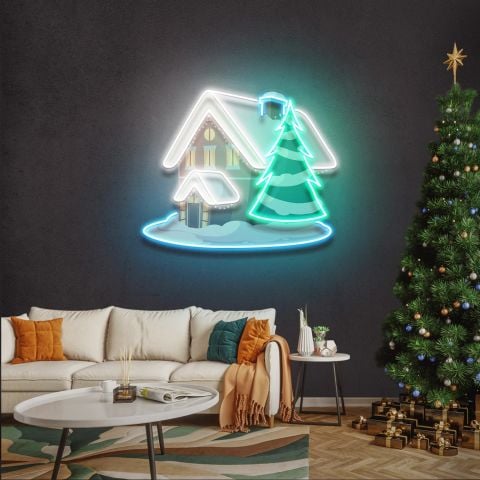 Yılbaşı Ağacı Neon Led Tablo Dağ Evi ve Kar