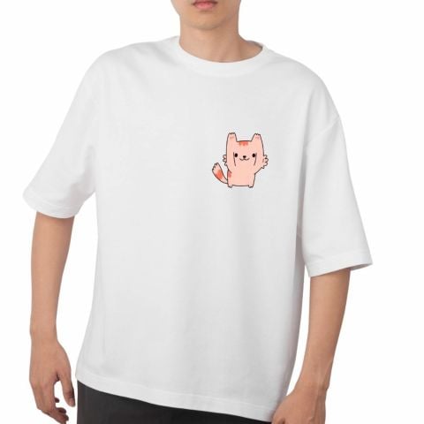 Mumu Özel Kedi Tasarım Oversized Beyaz Unisex Tshirt