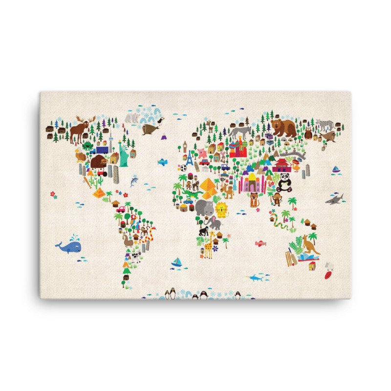 Hayvanlar Diyarı Dünya Haritası Kanvas Tablo
