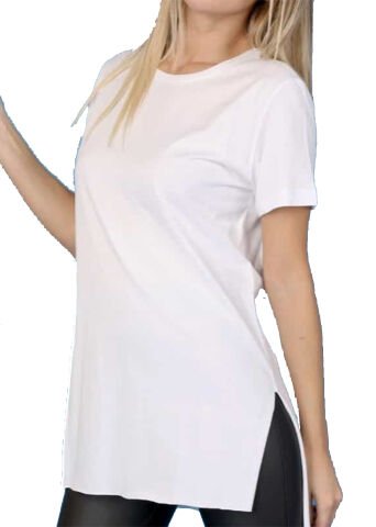 Yandan Yırtmaçlı Pamuk Tunik Basic Beyaz Tshirt