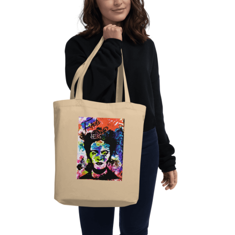 Frida Sanat Eseri Baskılı Siyah Uzun Saplı Bez Çanta İlham Verici