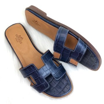 HERMES ORAN SANDALS KROKO DESENLİ %100 HAKİKİ DERİ LACİVERT