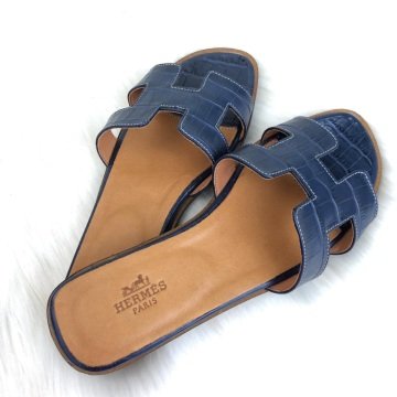 HERMES ORAN SANDALS KROKO DESENLİ %100 HAKİKİ DERİ LACİVERT