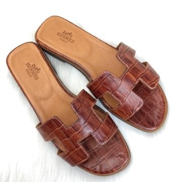 HERMES ORAN SANDALS KROKO DESENLİ %100 HAKİKİ DERİ TABA