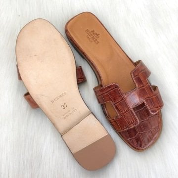 HERMES ORAN SANDALS KROKO DESENLİ %100 HAKİKİ DERİ TABA