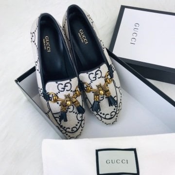 GUCCİ JORDAAN BEE TWEED LOAFER HAKİKİ DERİ VE KETEN