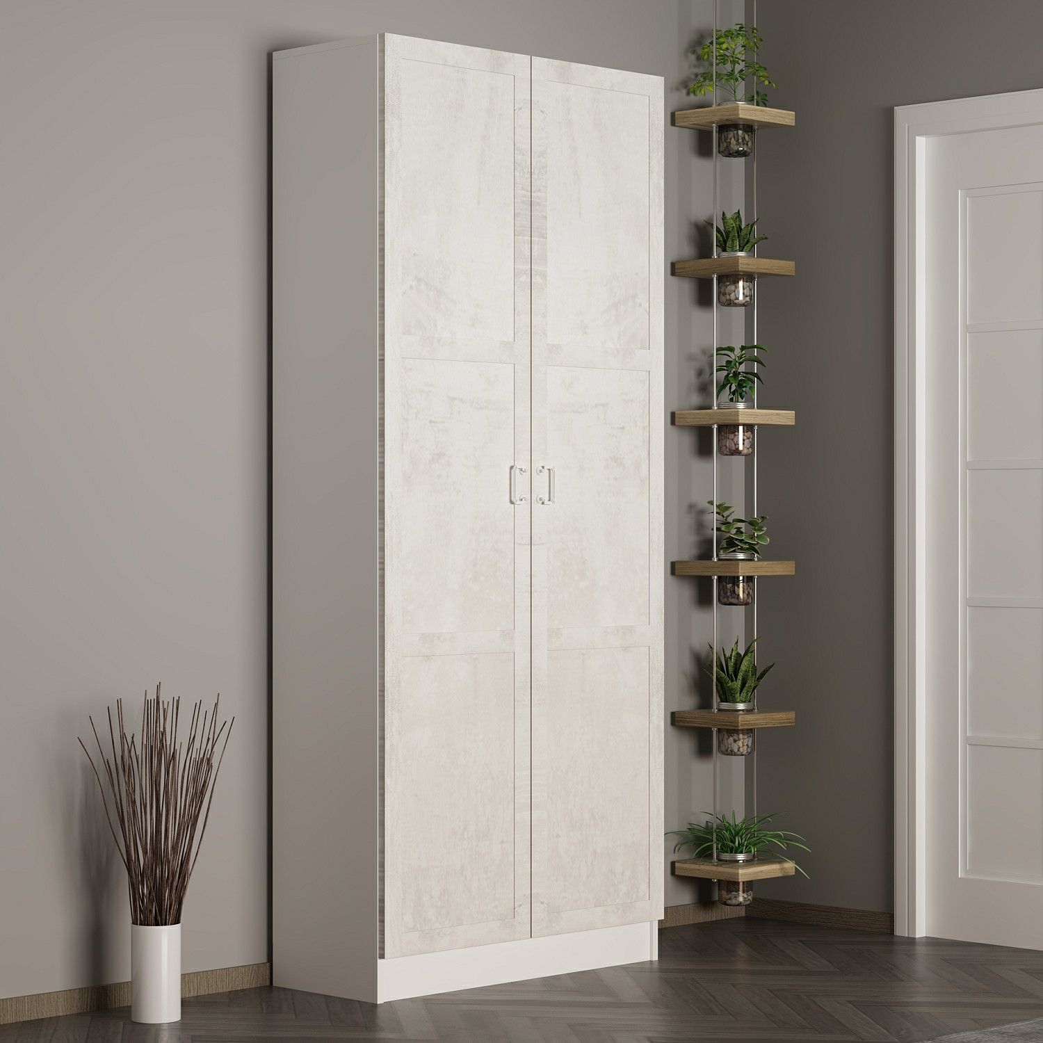 Minar Kale 210 Cm 2 Kapaklı 2B Raf Portmanto Beyaz Eskitme Beyaz