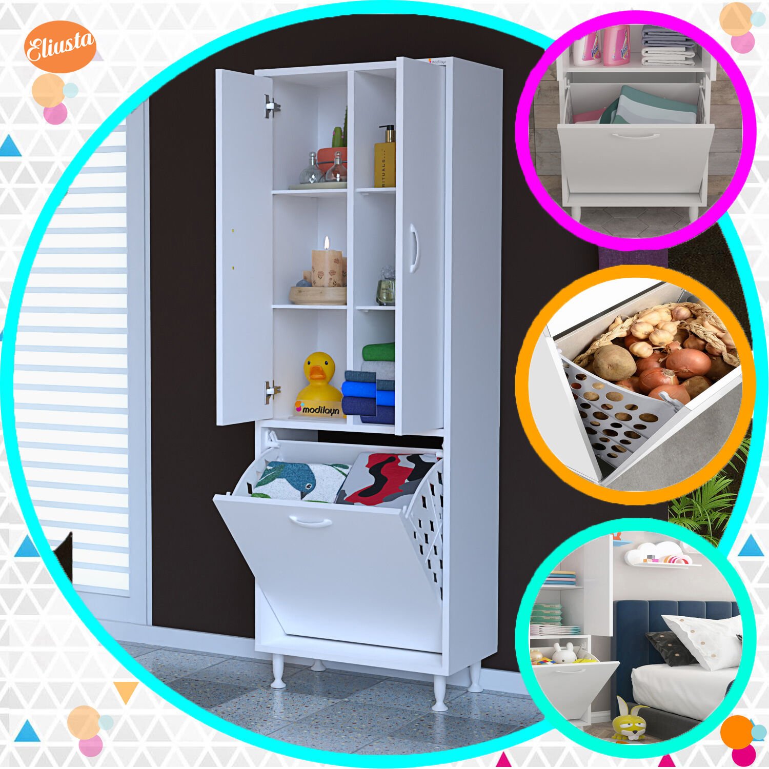 Modilayn İki Kapaklı Sepetli Kirli Çamaşır Dolabı Raflı Banyo Dolabı Çok Amaçlı Dolap