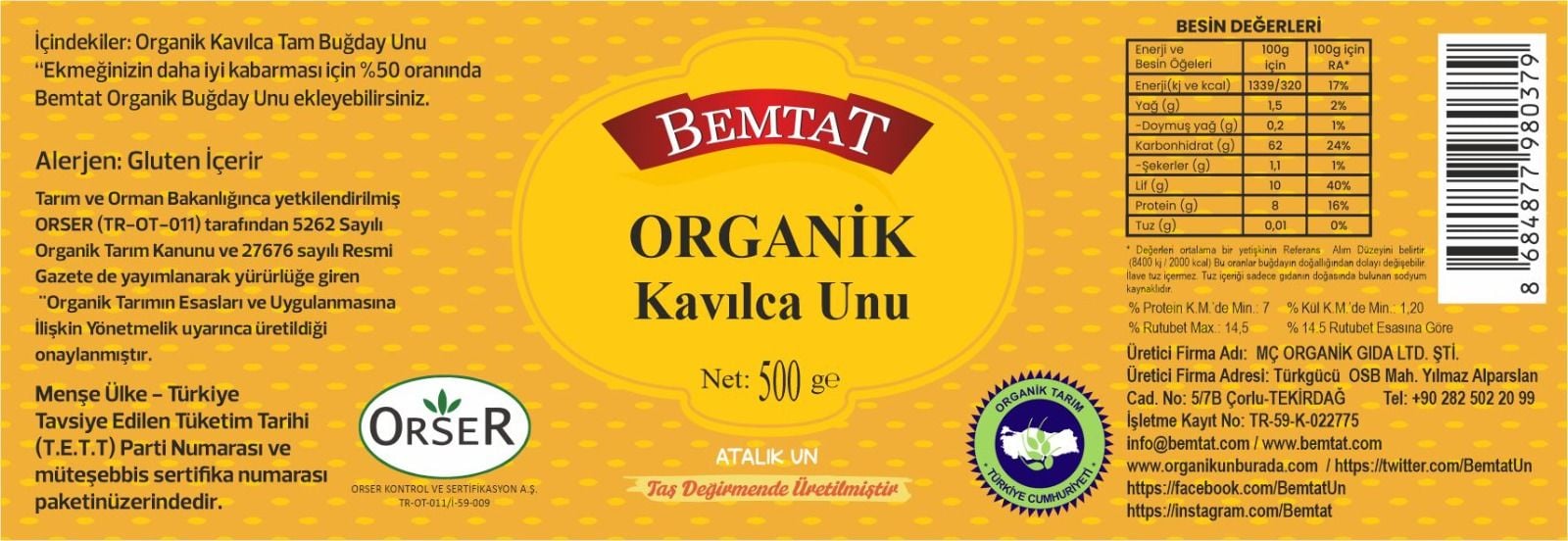 Bemtat Organik Kavılca Tam Buğday Unu 500 gr (Organic Emmer Whole Wheat Flour )