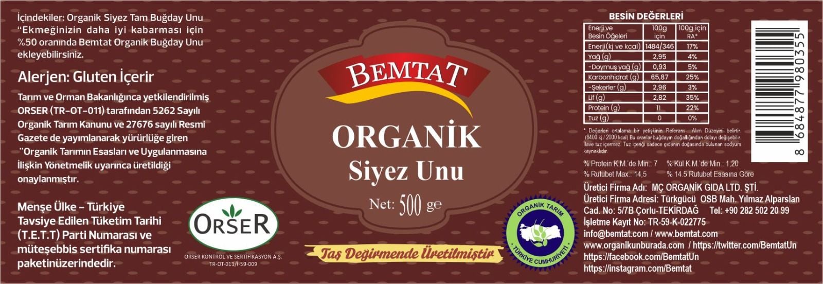 Bemtat Organik Siyez Tam Buğday Unu 500 Gr ( Organic Eınkorn Whole Wheat Flour )