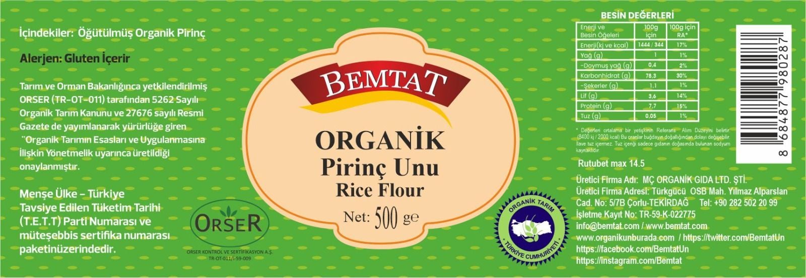 Bemtat Organik Pirinç Unu 500 Gr ( Organic Rice Flour )