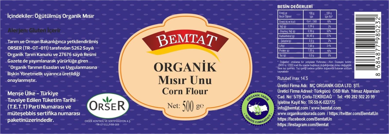 Bemtat Organik Mısır Unu 500 gr