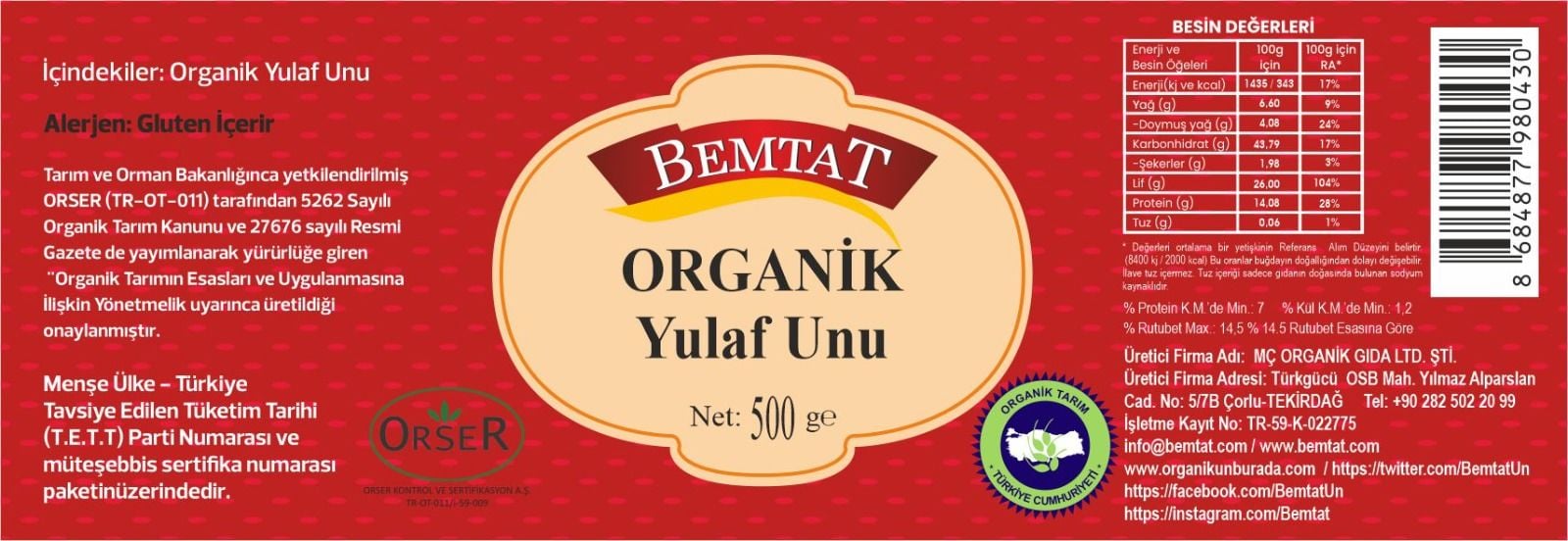 Bemtat Organik Yulaf Unu 500 GR