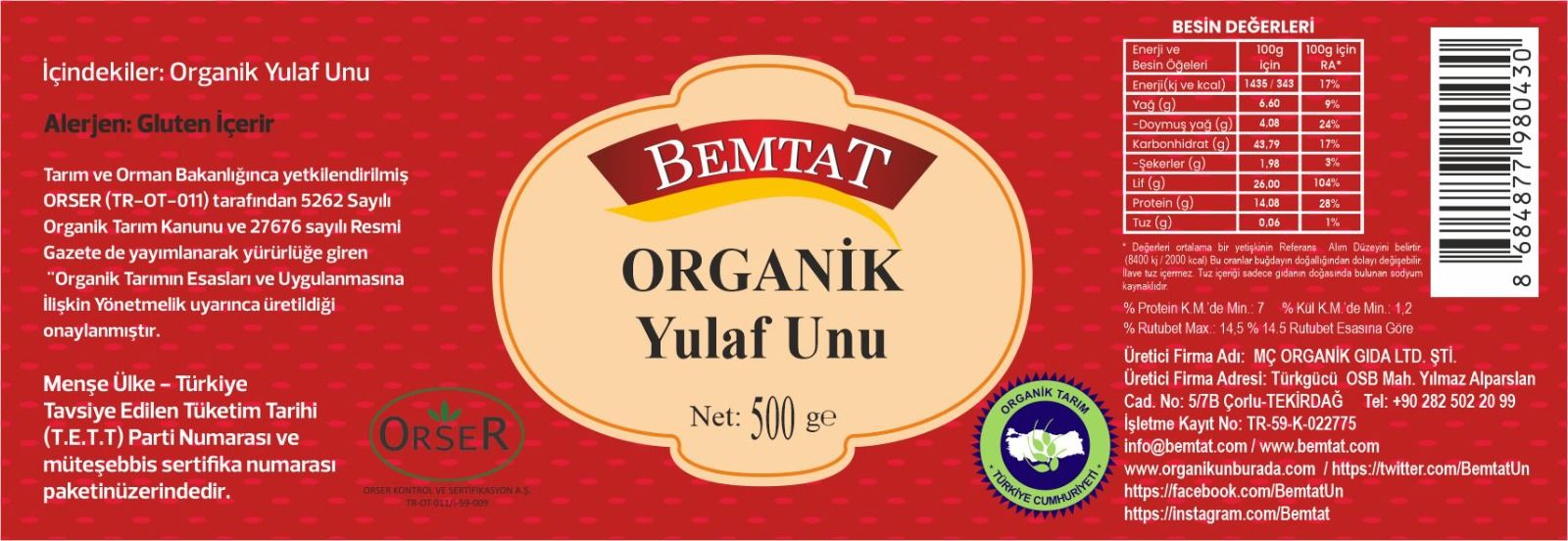 Bemtat Organik Yulaf Unu 500 GR ( Organic Oat Flour )