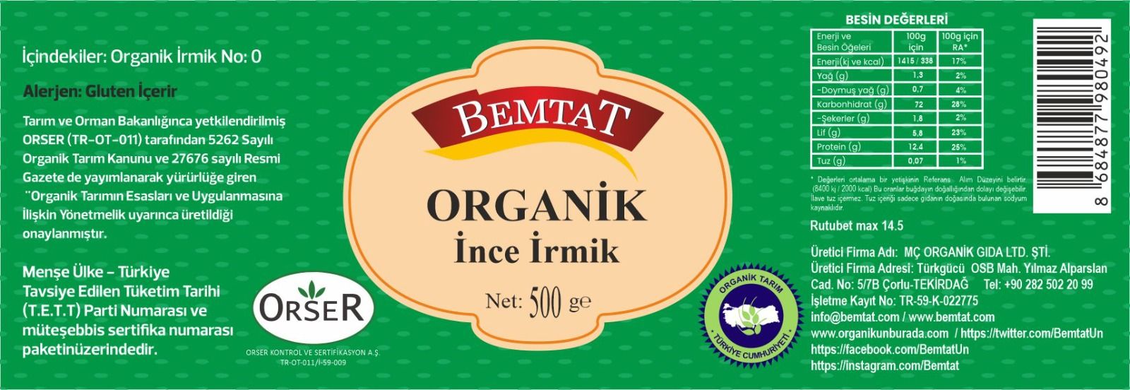 Bemtat Organik İnce İrmik 500 Gr (0)