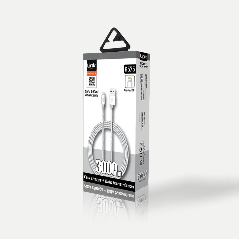 Linktech K575 Safe Örgü Metal Başlı 3000mm Iphone Şarj Kablosu