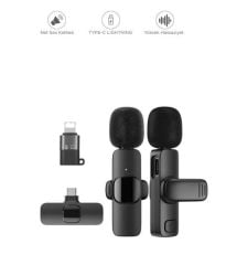 K9 Kablosuz 2'li Yaka Mikrofonu Mini Taşınabilir Mikrofon Type-C / Lightning