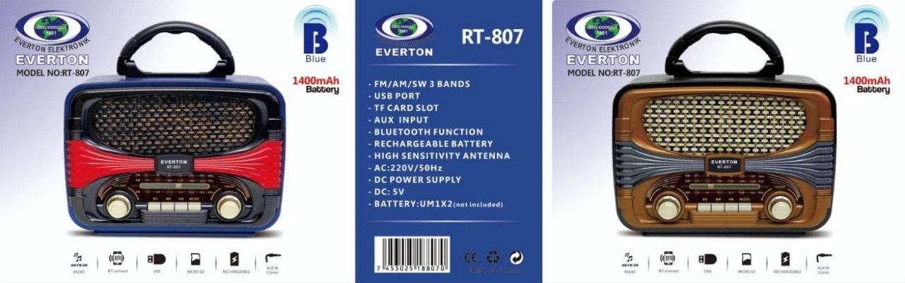 Everton RT-807 Usb Kart Girişli Bluetooth'lu Şarjlı Radyo