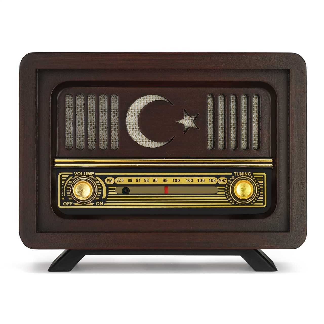 Nostaljik  Radyo (Şarjlı Pil+Adaptörlü) Ayyıldız Model Kahverengi