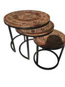 Eskitme Ahşap Ferforje Oymalı Yuvarlak Sehpa 3'lü Set KNA210 68x68x50 cm.