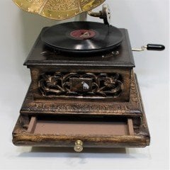 Eskitme Ahşap Gramofon Çekmeceli