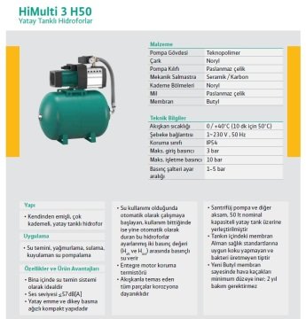 Wilo HiMulti 3H50-24P - 0,55Hp 220V Yatay Tanklı Paket Hidrofor