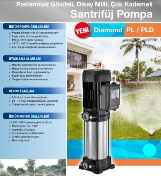Alarko  PL  4-6      2Hp  380V    Paslanmaz Gövdeli Dikey Milli Çok Kademeli Santrifüj Pompa