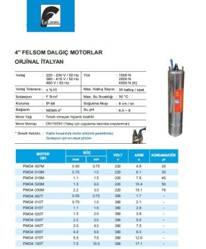 Felsom  FMO4 020T    2Hp 380V   4'' Dalgıç Motor (Orjinal İtalyan)