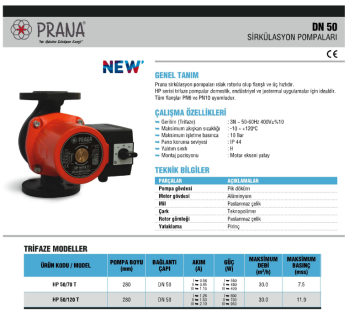 Prana HP 50/120-280 T DN50 380V Flanşlı Üç Hızlı Sirkülasyon Pompası