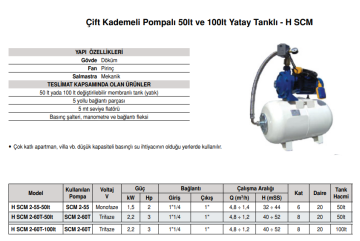 Stream H SCM 2-55-50lt 2hp 220v Çift Kademeli Paket Hidrofor