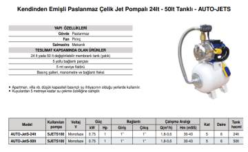 Stream AUTO-JetS-24lt 1hp 220v Paslanmaz Gövdeli Paket Hidrofor