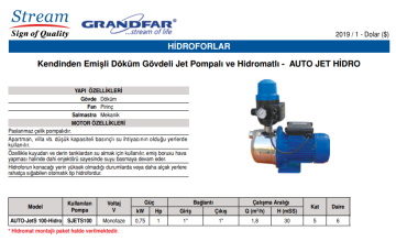 Stream AUTO-JetS 100-Hidro 1hp 220v Paslanmaz Gövdeli Paket Hidrofor