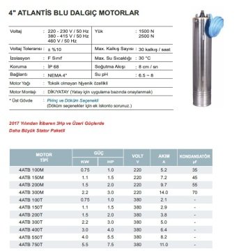 Atlantis  4ATB 150M    1.5Hp 220V   4'' Dalgıç Motor