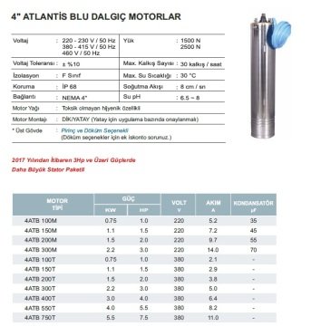 Atlantis  4ATB 200M    2Hp 220V   4'' Dalgıç Motor