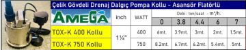 Amega TOX-K 750 Kollu  750W Çelik Gövdeli Temiz Su Asansör Flatörlü Drenaj Dalgıç Pompa