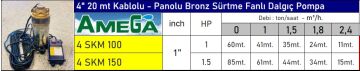Amega 4 SKM 150  1.5Hp 4\'\' 20 Metre Kablolu Panolu Bronz Sürtme Fanlı Paket Dalgıç Pompa