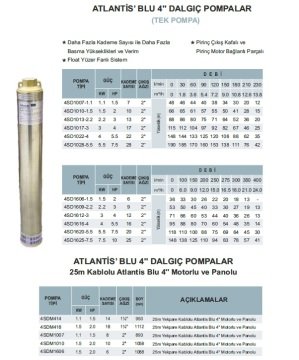 Atlantis Blu  4SDM414     1.5Hp 220V   14 Kademeli  4''  Dalgıç Pompa  (25m kablolu, motorlu, panolu)