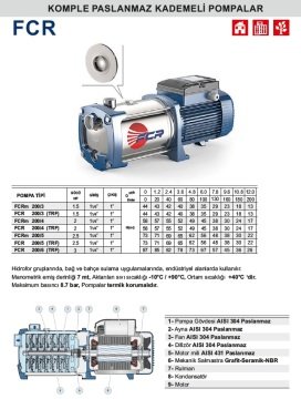 Pedrollo  FCRm 130/3     1.5 Hp 220V  Komple Paslanmaz Yatay Kademeli Pompa