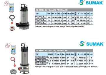 SUMAK SDT 40/2 İNOX   4HP 380V PASLANMAZ ÇELİK GÖVDELİ  AZ KİRLİ SU DALGIÇ POMPA