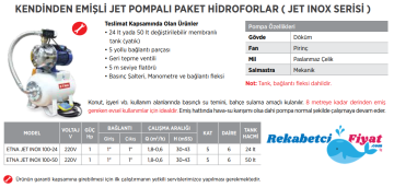 ETNA JET INOX  100-50 WS 1HP 5Kat - 6Daire Jet Pompalı Paket Hidrofor