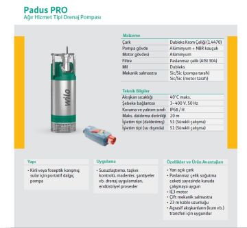 WİLO Padus PRO M08/T090-540/P  380V  12.2 Hp  Ağır Hizmet Tipi Kirli Su Drenaj Pompa