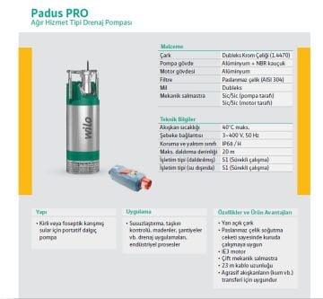 WİLO Padus PRO M05/M015-523/P  380V  2 Hp  Ağır Hizmet Tipi Kirli Su Drenaj Pompa